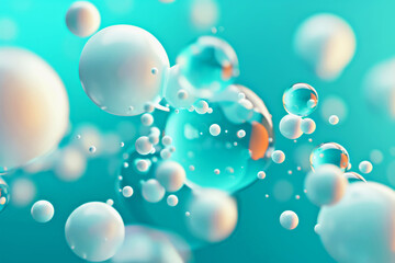 Translucent turquoise bubbles floating easily on soft blue background. Spa, peace and relaxation. Meditation and relaxation. Means for water purification
