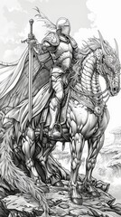 Naklejka premium Fantasy: A coloring book image of a brave knight in shining armor