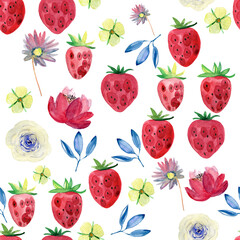seamless background with strawberries, flowers and leaves. Hand drawn watercolor. 