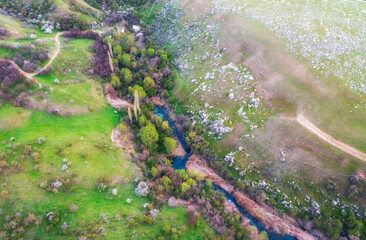 View from the top of a turquoise spring river that flows among green hills and a blooming orchard near Lake Balykty in the Shymkent region of Kazakhstan