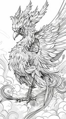 Fantasy Creatures: A coloring book page showcasing a mystical phoenix