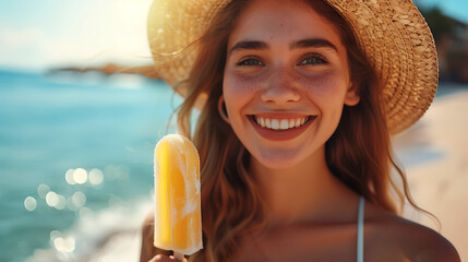 Young Woman Enjoying a Popsicle at the Beach