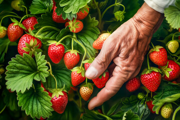 Old man's hand careful selects ripe strawberries among lush green leaves, showcasing art of hand-picked agricultural excellence. Locally grown