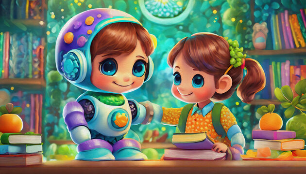 oil painting style CARTOON CHARACTER CUTE BABY An interactive educational robot teaching children in a classroom, 