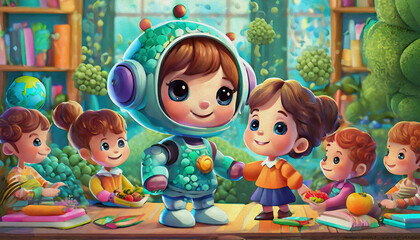 oil painting style CARTOON CHARACTER CUTE BABY An interactive educational robot teaching children in a classroom, 