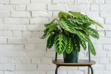 A Maranta houseplant beautifully displayed on a chair against a backdrop of a white brick wall, adding a touch of greenery and natural beauty to the room's decor