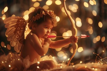 An endearing portrayal of a little cupid, poised to shoot an arrow on Valentine's Day, spreading love and enchantment