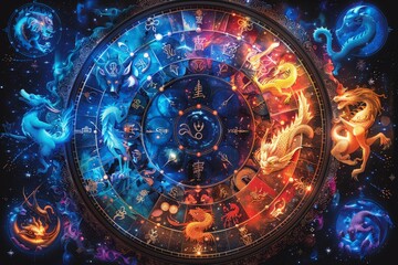 Elaborate cosmic astrology zodiac wheel with all twelve signs artistically depicted against a starry sky background