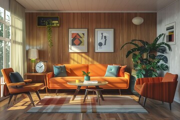 In a mid-century inspired living room, a sofa and vibrant orange chairs create a retro chic ambiance, blending timeless style with modern comfort