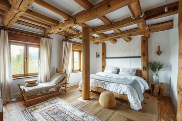 Rustic charm fills the modern farmhouse bedroom, highlighted by a ceiling adorned with wooden beams and lining, while log columns further enhance the cozy ambiance