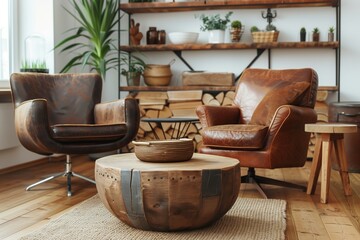 Country farmhouse-inspired modern living room design featuring a round wood coffee table positioned between a brown leather chair and ottoman, complemented by a sofa
