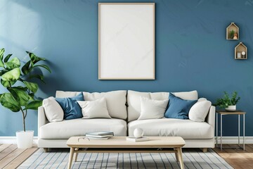 a cozy sofa is accompanied by a wood coffee table, set against a serene blue wall adorned with a stylish poster, creating a comfortable and inviting ambiance.