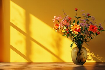 Wooden table with vase with bouquet of flowers near empty, blank yellow wall. Home interior background with copy space