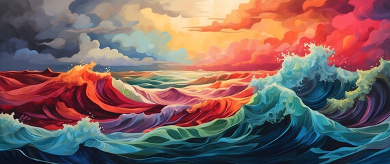 A stormy sea rendered in bold colors. - obrazy, fototapety, plakaty