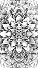 Mandala Coloring Book (grayscale): A mandala design featuring geometric patterns and repeating shapes