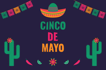 Cinco de Mayo, May 5th holiday in Mexico. Colorful banner with images of cacti, flags, avocados, lemons, flowers, chili peppers. texture. Vector illustration.