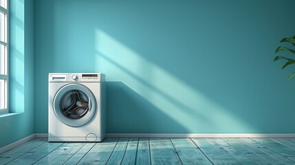 A laundry room with a light blue wall and a washing machine, with a text area