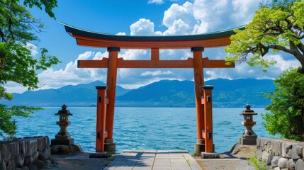 red torii gates in the middle of a beautiful lake with a blue sky