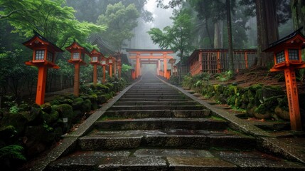 Red Torii gates next to foggy stairs in Japan