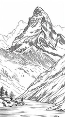 Nature scenes Coloring Book: A scenic outline of a snow-covered mountain peak