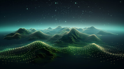 A futuristic illustration of data technology with bright particles, a 3D landscape, and big data visualization against an abstract digital background of interconnected dots, all in dark green