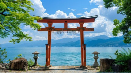 red torii gates in the middle of a beautiful lake with a blue sky in high resolution