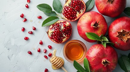 A top view of apple, pomegranate, and honey on white background. Home remedy for the skin. - obrazy, fototapety, plakaty