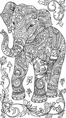 Paisley: A coloring book page featuring a paisley elephant, with intricate designs on its body for coloring