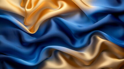Blue and gold silk fabric with elegant folds. - obrazy, fototapety, plakaty