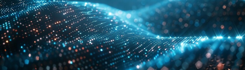 Blue and orange glowing particles form into a wave-like shape on a dark background.