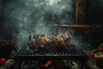 Grilled lamb, emphasizing the smoky flavors and charred textures, Smoked slab of ribs on grill,...