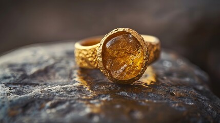 Beautiful gold ring with a natural stone texture showcased under studio lighting.