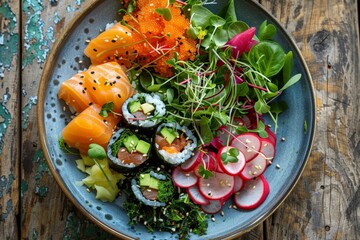 Vibrant plate of sushi, freshness and color contrast, Colorful sushi platter on rustic wooden surface; vibrancy contrasts with aged texture for a culinary composition.