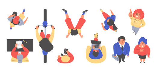 View of people from above. Characters in motion or in different actions. Flat vector illustration