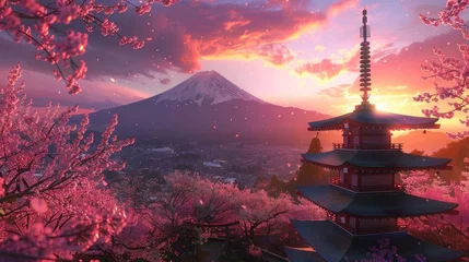 Foto op Canvas mount fuji in a pink sunrise with sakura trees © Marco
