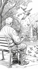 People: A coloring book illustration of an elderly man sitting on a park bench, feeding pigeons