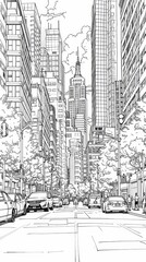 Place: A coloring book page featuring a bustling cityscape with skyscrapers