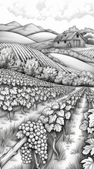 Place: A picturesque coloring book illustration of a vineyard, with neat rows of grapevines