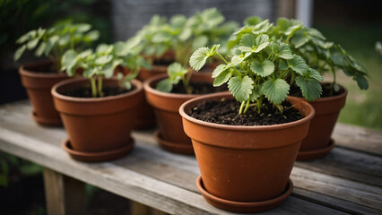 Fototapeta na wymiar strawberry plants in pots
