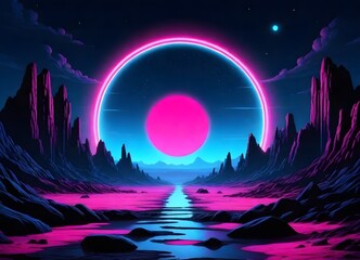  Neon pink and blue hues in a futuristic landscape with a large glowing ring 