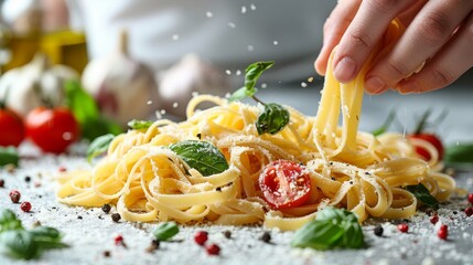 In this composition, pasta is shown with ingredients for cooking, on a white background, from the top