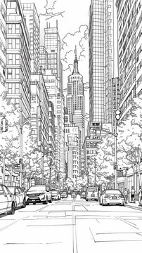 Place: A coloring book page featuring a bustling cityscape with skyscrapers