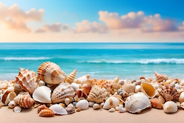 Fototapeta na wymiar Seashells on seashore beach holiday oceanic background.Beautiful Ocean Shell Design.seashells in bright weather on the sandy beach