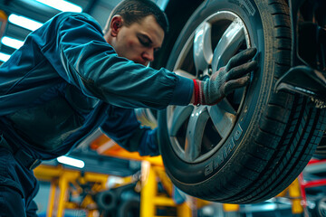 Car mechanic in a workshop changing tire