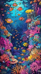 Underwater: A coloring book page featuring an array of exotic fish swimming around a sunken shipwreck