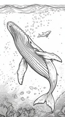 Underwater: A coloring book page showcasing a majestic whale swimming in the deep ocean