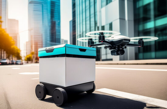 autonomous delivery of goods and food to people using robots and drones. contactless delivery. technologies of the future