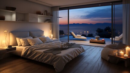 Elegant Bedroom Interior With Double Bed Night Tables Armchair And Seaview Through Window 