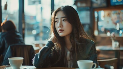 Contemplative Young Woman Enjoying Coffee in a Cozy Cafe Setting - obrazy, fototapety, plakaty