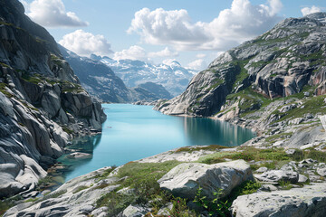 Summer Lake Surrounded by Snow-Capped Mountains